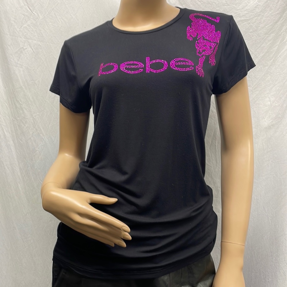 bebe Women's Black with Purple Swarovski Crystal Tiger & Logo Tee